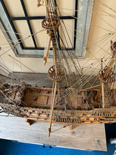 Vintage Large Hand Built Wooden Ship Highly Detailed SIZE: 42Lx35Hx8W picture