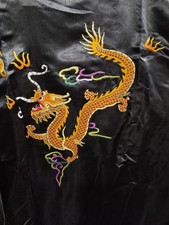 Vtg Golden Dragon Chinese Black Silk Satin Short Robe Embroidered XL picture