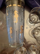 Rare Vintage Culver Gold Seahorse Cocktail with Shaker Barware Set  Of 6 Glass picture