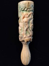 ANTIQUE GERMAN / SWISS HORN? CARVED RELIEF: GOATHERD & GOATS BRUSH HANDLE picture