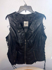 Harley-Davidson Black Leather Fringe Vest Zip Front Side Lace-Up Womens XL picture
