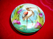 Antique French Hand Painted Trinket Box Bird Crane Heron Dresser Powder Jar picture