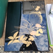Vintage Japanese Black Laquerware Box w/Gold Maki-E Autum Moon & Grass Motif picture