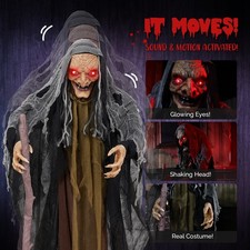 5.3 FT Halloween Decoration Life-Size Light-Up Eyes Talking Witch with Cane picture