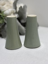 Vintage Harkerware Sage Green & White Salt and Pepper Shaker W Stoppers 4” Used picture