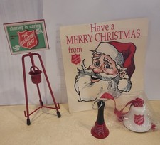 VTG Salvation Army Xmas Lot,Mini Red Kettle & Stand, 2 Bells. Retro Santa Decal picture