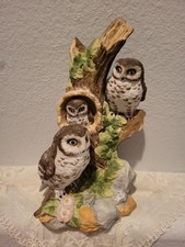 Vintage Owl Family Figurine Mamma Dad and Baby On A Branch Bisque Porcelain picture