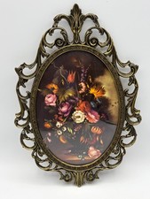 Vtg Italian Oval Brass ornate Metal framed Flower Print Convex Glass 10X7