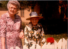 Two Elderly Women Friends Snapshot Photograph 1986 Clovis CA House Picket Fence picture