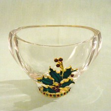 CHRISTMAS Bohemian Crystal Enamel Holly Vase Planter Vintage Teleflora picture