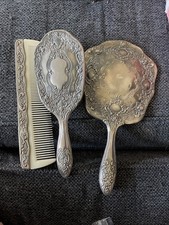 Antique French Victorian Portrait Hand Mirror and Hair Brush Comb Set picture