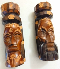 2 Signed Hand-Carved Wooden Man Head Figurines, Engraved 