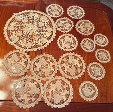 Antique European Tape Lace 17 PCS Set Doilies Handmade Ecru 4 Sizes Grapes Vine picture
