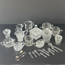 30 Pc Antique Vintage Pressed Glass Creamer Sugar Bowl Spoon Mixed Estate Lot picture