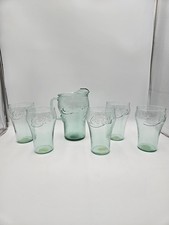 Vintage Indiana Glass Co Coca-Cola Pebbled Green Pitcher and 5 Tumbler Set (A3) picture