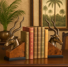 Vintage bronze kudu antelope head bookends mid century modern safari decor Heavy picture