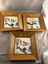 Vintage Grandma Moses Folk Art Ceramic Tiles 6x6 Copyright 1952 Set 3 picture