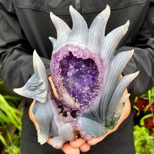 1.49LB Natural Agate Geode Hand Carved Nine-tailed Fox Quartz Crystal Decor picture