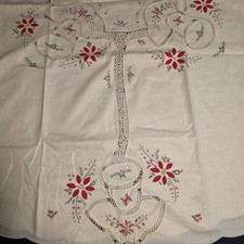 VTG 9 Piece Linen Cutwork Christmas Poinsettias Round Tablecloth Napkins 72x72 picture