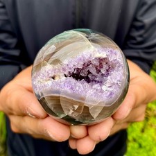 252G Natural Amethyst Agate Open Smile Sphere Healing Wealth Crystal Geode Decor picture