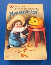 Antique Embossed Clapsaddle Halloween Postcard Boy Carving Jack-O-Lantern picture