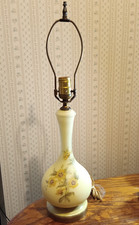 Antique victorian yellow satin art glass table lamp picture