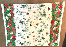 Vtg 1960s MCM Christmas McM Tablecloth Poinsettas holly ribbons 42x70
