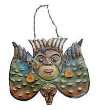 BEAUTIFUL VINTAGE MEXICAN FOLK ART COPPER MASK HAND PAINTED HAMMERED FACE WINGS picture