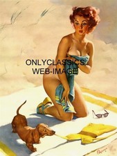 '53 SEXY GIRL SUNBATHING BEAUTY GIL ELVGREN PRINT PINUP CHEESECAKE DACHSHUND DOG picture