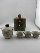 Floral Ceramic Gongfu Travel Tea Set Teapot 3 Cups with Green Carrying Case picture