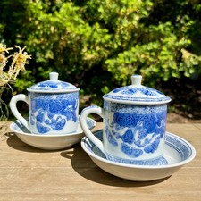 Vintage Oriental Blue & White Cup and Saucers w/ Lids | Set of 2 picture
