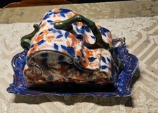 ANTIQUE HUMPHREYS BROS. ENGLAND FLOW BLUE PORCELAIN LARGE CHEESE DISH WITH COVER picture