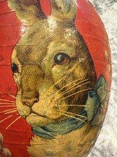 Antique German Paper Mache Easter Egg Candy Container Bunny Rabbit on Red picture
