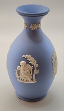 Vintage Wedgwood Blue Jasperware Vase England Cherubs Man Woman Dogs picture