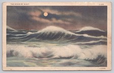 Vintage 1936 THE OCEAN BY NIGHT Linen Postcard - Machias Maine Postmark picture