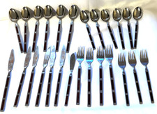 Stanley Roberts MCM Stainless Flatware Wood Inlay Spoons Forks Knives 26 Pc Lot picture