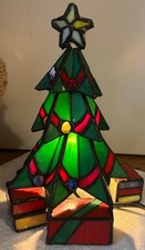 Vintage Stained Glass Christmas Tree Tiffany Style Light Up Tabletop Lamp 12” picture