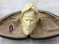 Meerschaum Carved Pipe American Indian Chief Feline Head Medet W/ Fitted Case picture