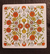 Vintage Georges Briard Enameled Metal Floral Daisy Tile 1970s Flower Power picture