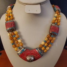 Vtg Amber Turquoise Coral Nepalese Multi Strand Bead Tibetan Silver Necklace BIG picture