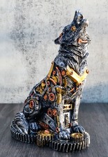 Ebros Steampunk Silver Alpha Wolf Howling Statue with Gears Base 7.5