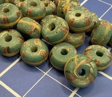 26 Antique Venetian Watermelon African Trade Beads Green Striped Disk Rondelle picture