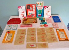 VINTAGE ASSORTED SEWING NEEDLES THREADERS THREAD LOCK SCISSORS SHARPENER ETC picture
