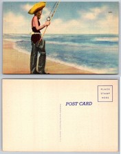 Woman Fisherman Ocean Shore Postcard picture