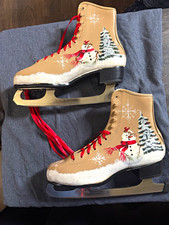 Vintage Hand Painted Ice Skates Snowman Christmas Winter Decor Red Ribbon picture