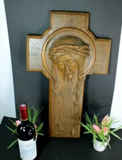 LARGE french wood carved wall plaque christ 1951 dated religious picture