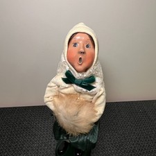 Vtg Choice Byers Carolers Girl, Blue Eyes, White Green Lace Dress, Fur muff, Bow picture