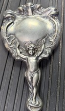 Antique Art Nouveau Hand Mirror Floral Motifs Woman Repoussé Design Silver Plate picture