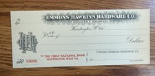 25. Vintage bank check EMMONS HAWKINS HARDWARE Huntington West Virginia. WV 1899 picture