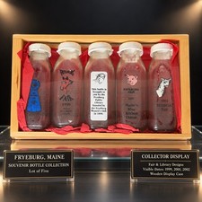Vintage Fryeburg Fair Maine Milk Bottles Lot 5 Glass Souvenirs Wood Display Case picture